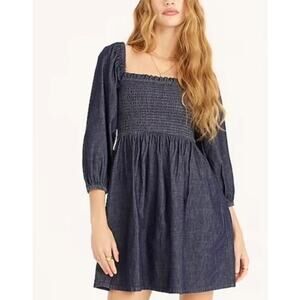 J.Crew Smocked Puff Sleeve Cotton Chambray Short Mini Dress Women's Medium